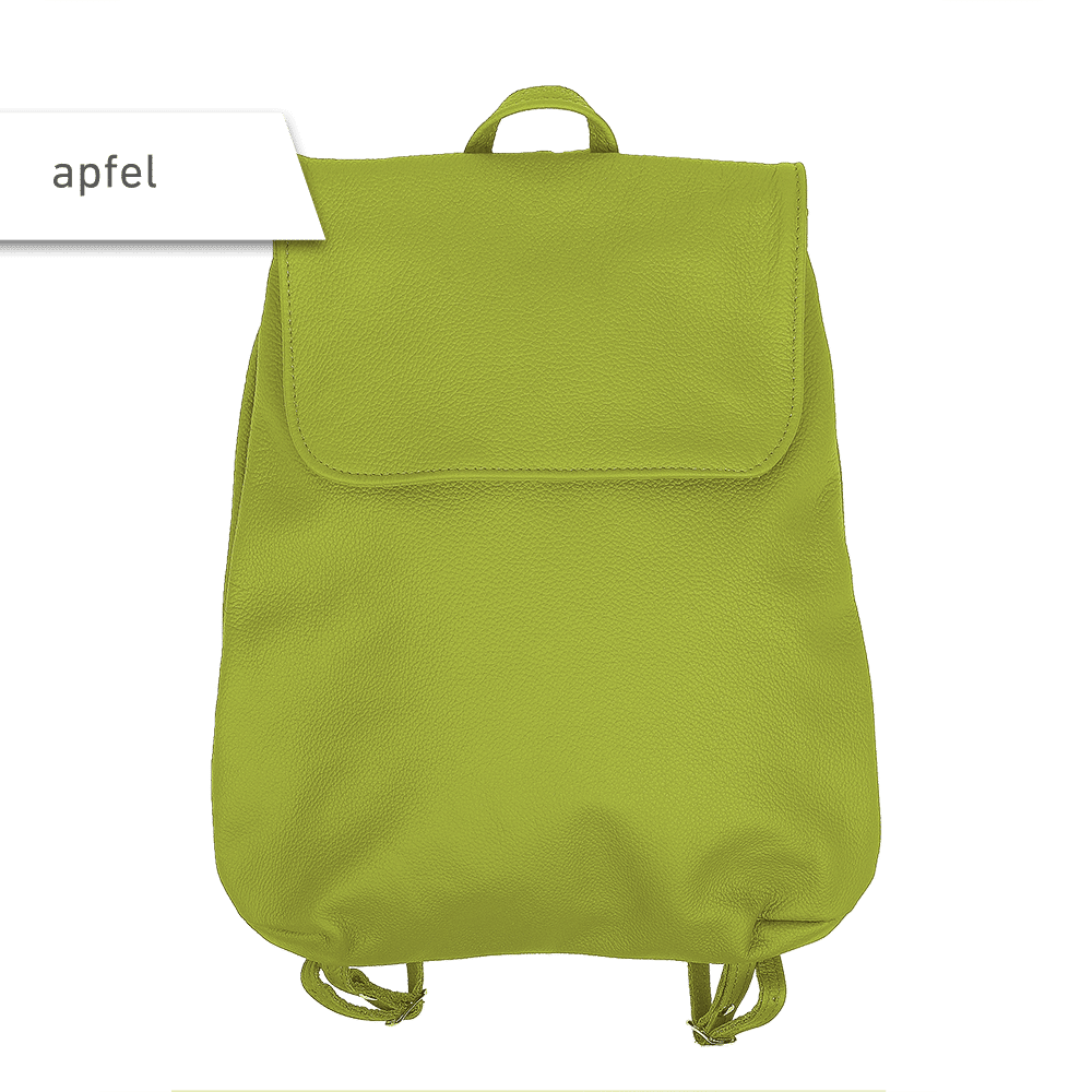 Ein kleiner Rucksack aus Leder in der Farbe apfelgrün.