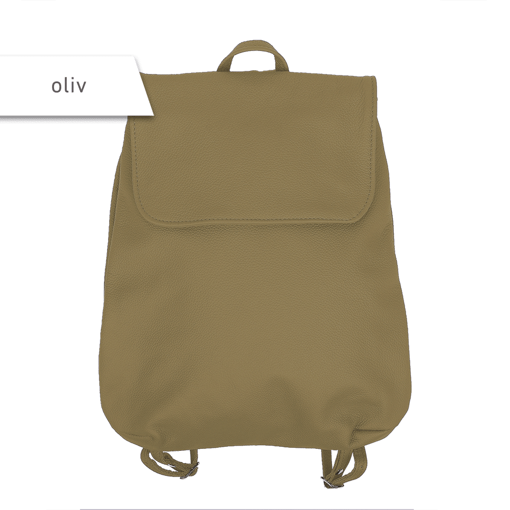 Ein kleiner Rucksack aus Leder in der Farbe oliv, mit Trageschlaufe und Klappe mit Magnetverschluss.
