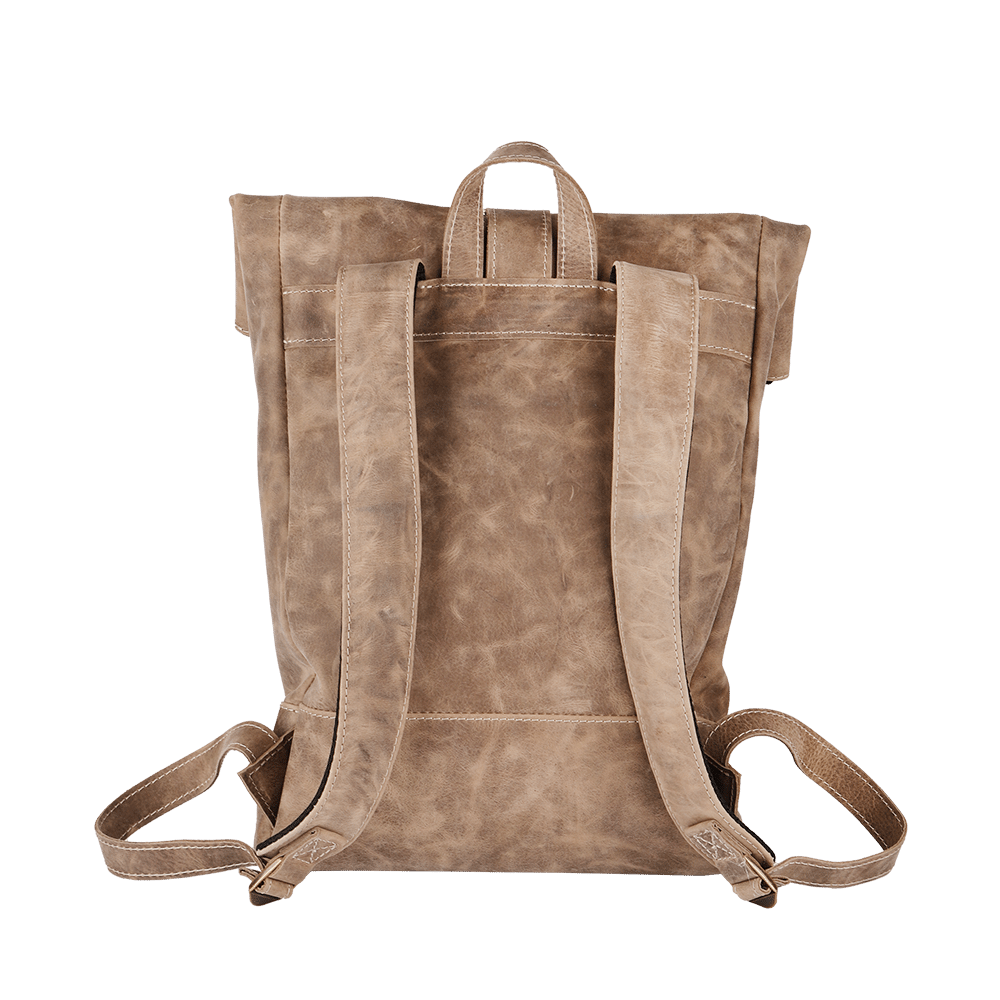 Rückseite vom Leder-Rucksack in beige.