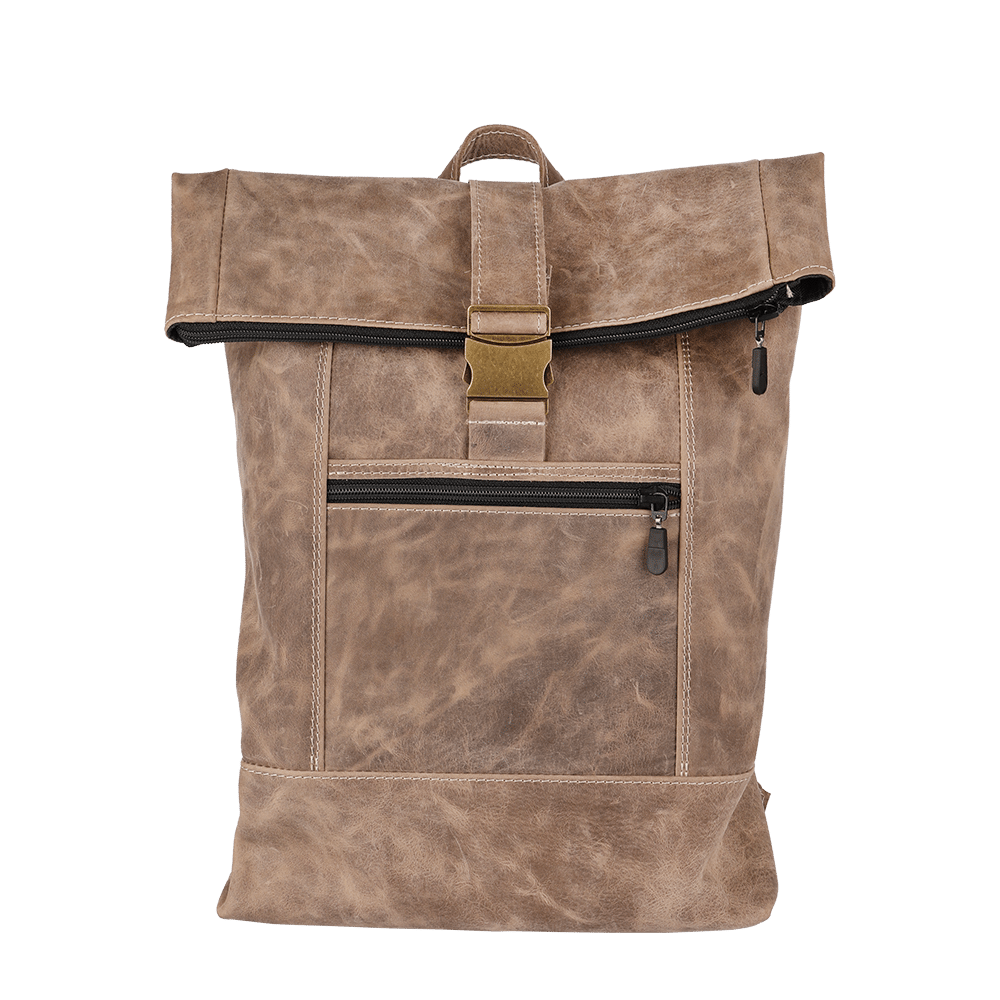 Leder-Rucksack in beige, mit Messingschnalle und Rolltop.