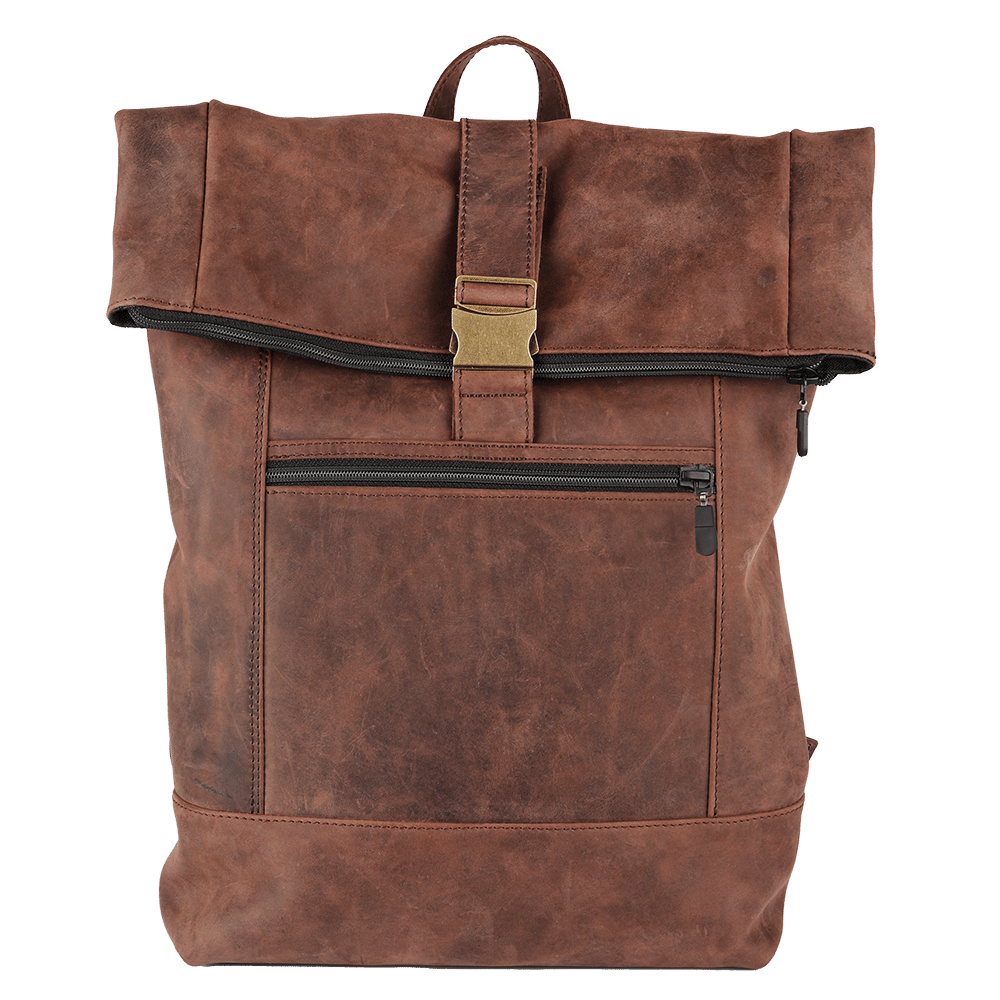 Großer Leder-Rucksack in braun, mit Messingschnalle und Rolltop.