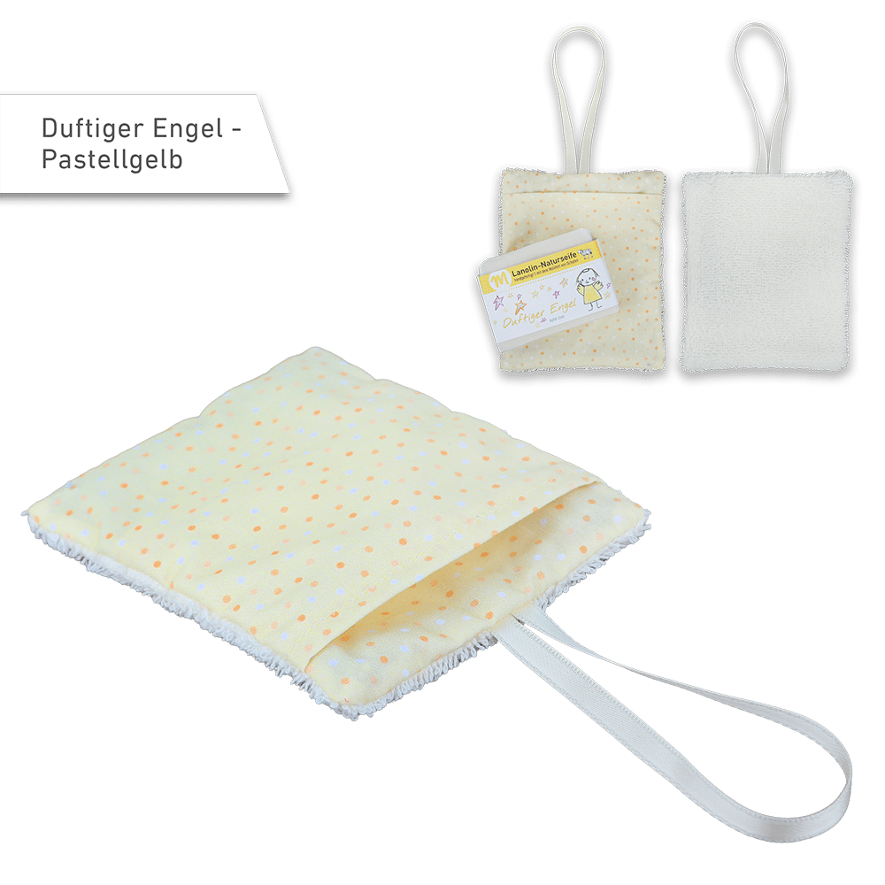 Seifenbeutel in Pastellgelb mit farbigen Punkten.