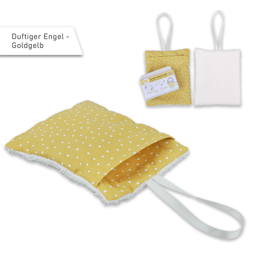 Seifenbeutel in Goldgelb mit weißen Punkten.