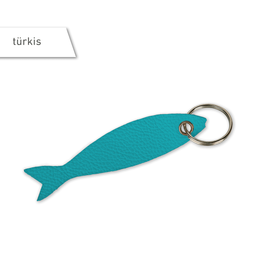 Schlüsselanhänger in Fischform aus Leder in der Farbe türkis.