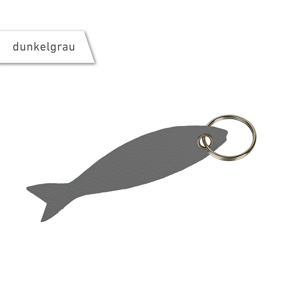 Schlüsselanhänger aus Leder in Fischform in der Farbe dunkelgrau.