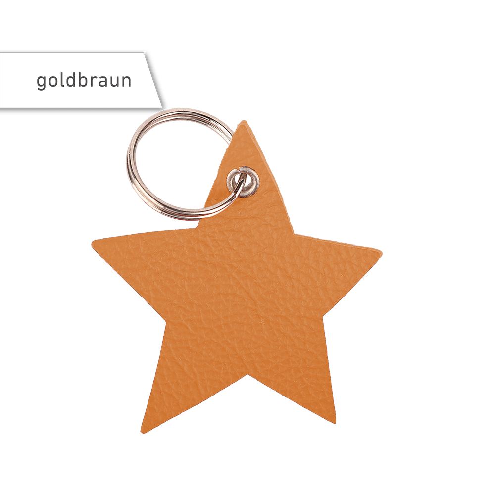 Schlüsselanhänger aus Leder in Sternform in der Farbe goldbraun.