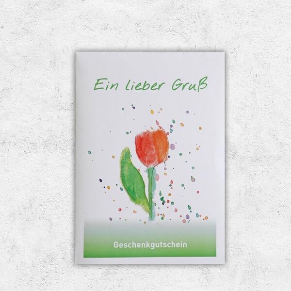 Eine Gutscheinkarte, bedruckt mit einer Tulpe und der Aufschrift Ein lieber Gruß.