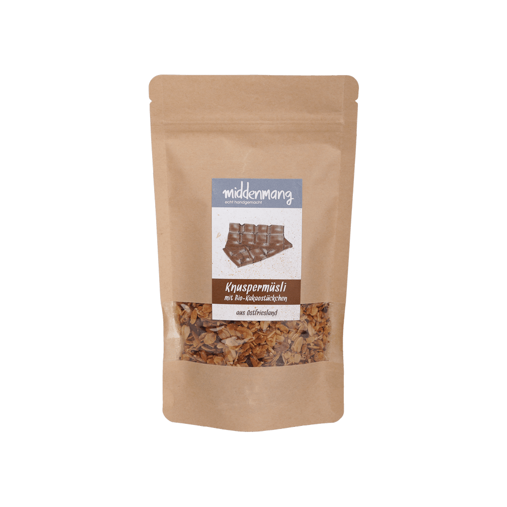 Eine Tüte mit Knuspermüsli mit Kakaostückchen.