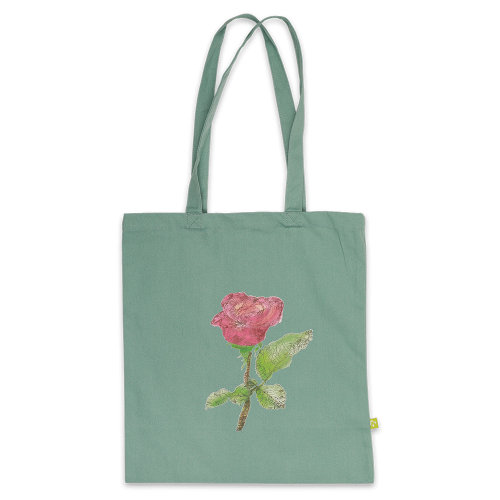 Tragetasche aus grünem Stoff, mit dem Motiv einer Rose.